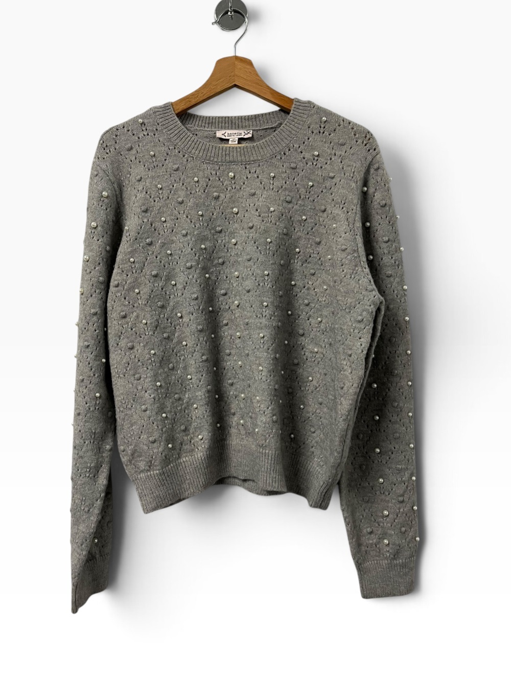 Nanette Lepore Pearl Sweater Women’s XL Gray Eyelet Embellished Soft Knit